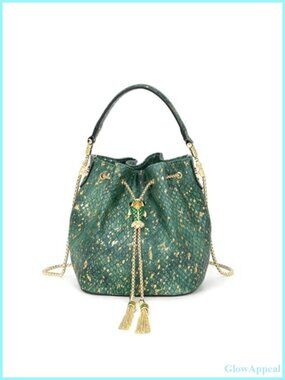 Snake Embossed Leather Clutch Bucket Bag w/ Chain Crossbody Strap